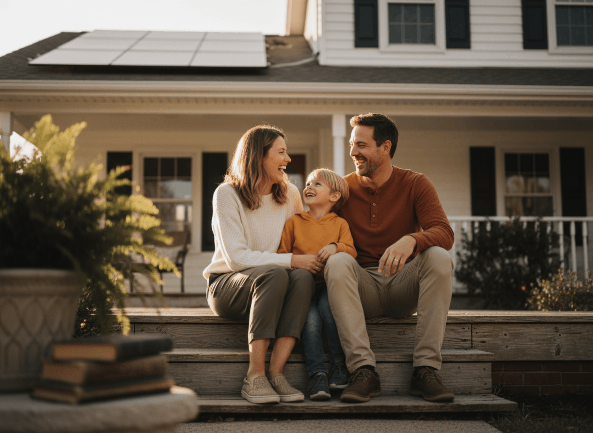 Family enjoying their home with solar panels