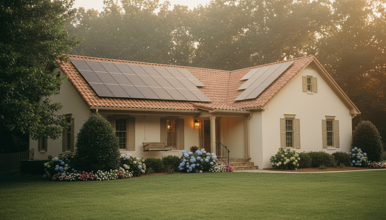 Suburban home with rooftop solar panels at golden hour